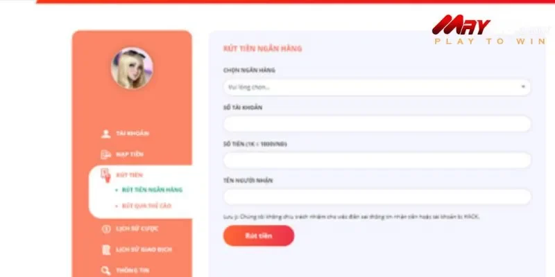 Nhập thông tin yêu cầu tại May88 khi rút thưởng